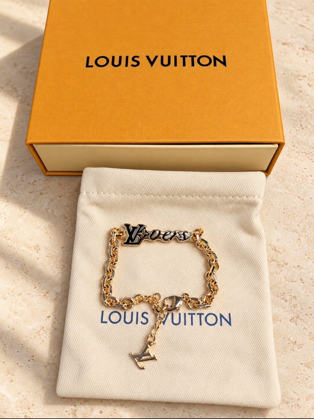 Louis Vuitton Two-Tone Gold and Black Chain Bracelet with LV Signature